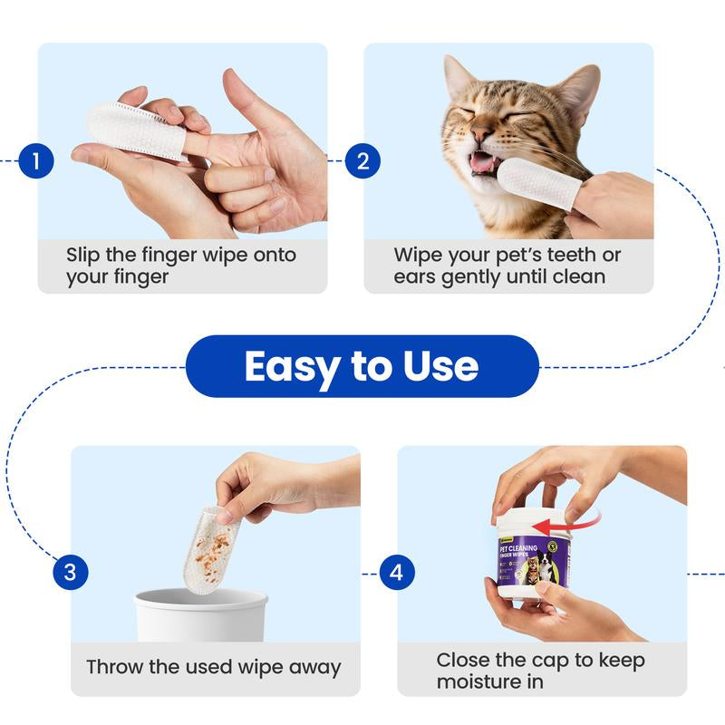 Pet Cleaning Wipes for Dogs and Cats – No-Rinse Finger Wipes Kit Soft & Disposable – 60 Count