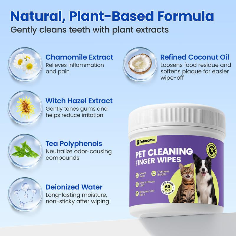 Pet Cleaning Wipes for Dogs and Cats – No-Rinse Finger Wipes Kit Soft & Disposable – 60 Count